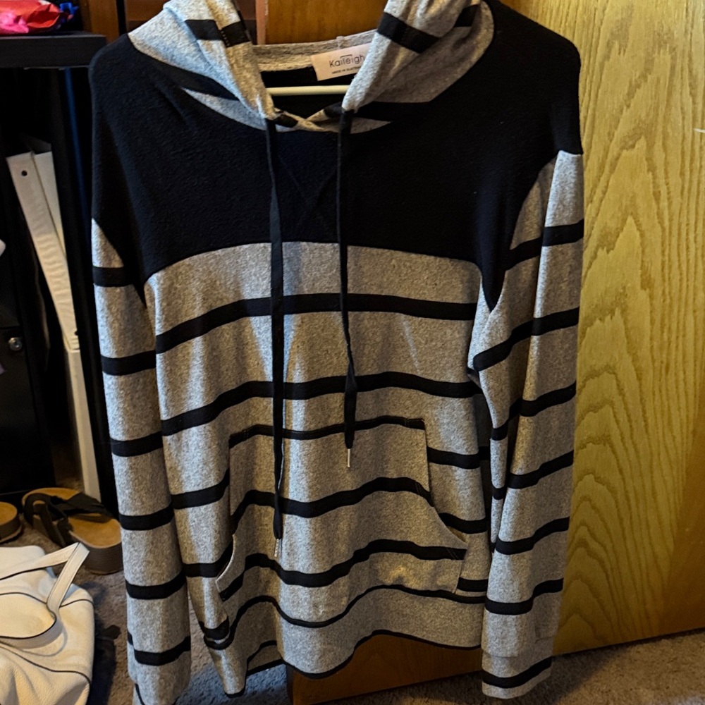 Kaileigh Black and Gray Striped Long Sleeve Hoodie